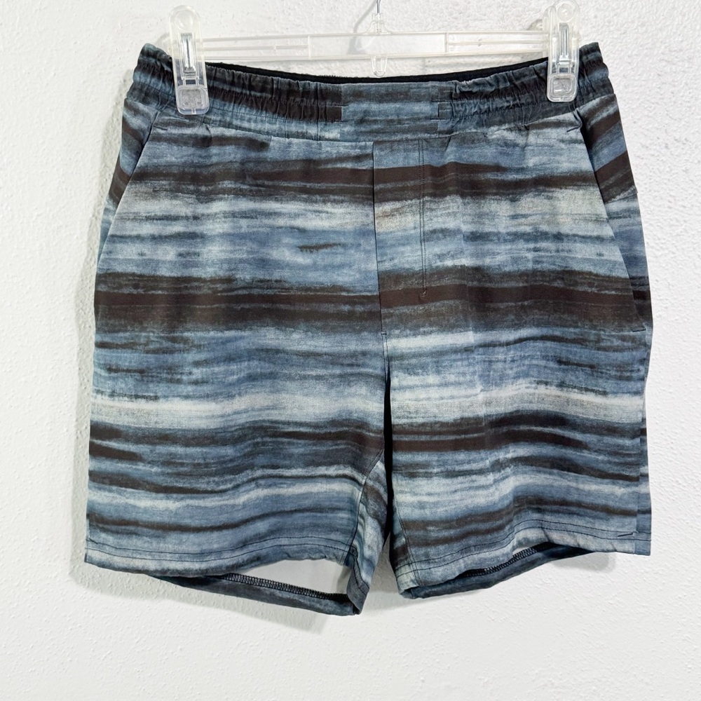 lululemon athletica Striped Blue and Black Channel swim Shorts small 5”